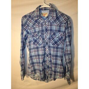 Youngbloods Western Wear Plaid Flannel Blue Button Up Snaps SIze Mens Small S